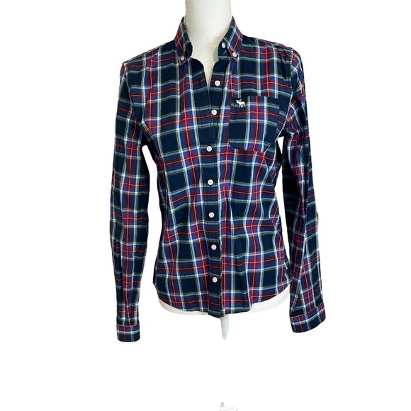 Abercrombie & Fitch Navy Blue Red Madris Cotton Long Sleeve Button-Up Shirt-Med. - Picture 2 of 12